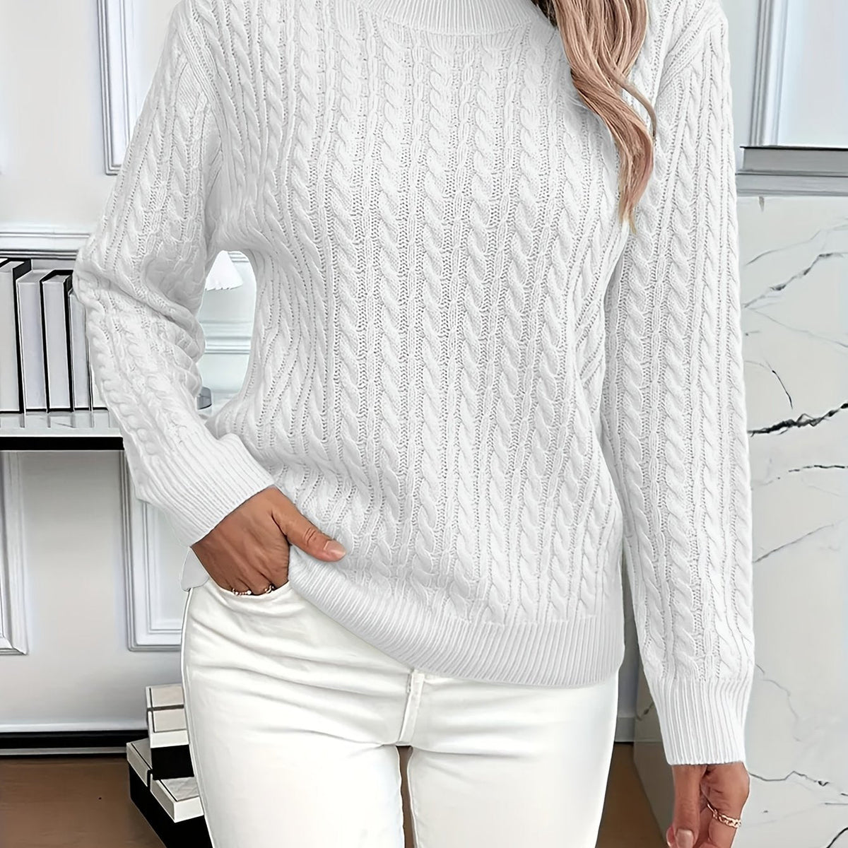 Women's Classic Cable Knit Mock Neck Jumper