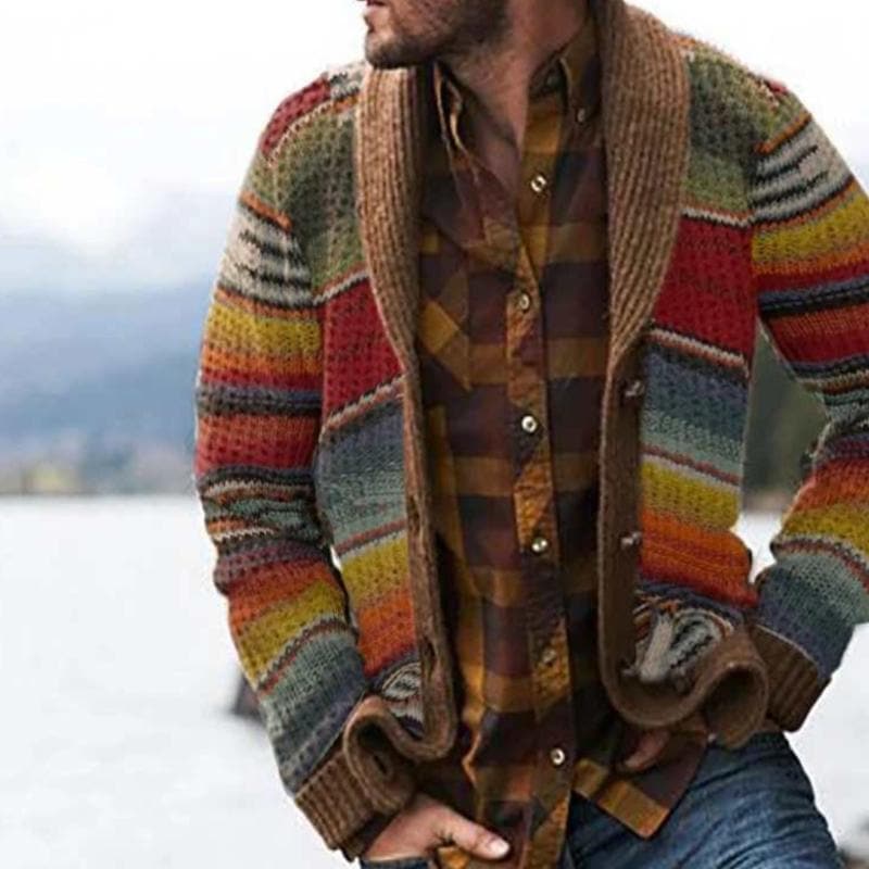 Men's multicoloured striped knit cardigan with shawl collar and front pockets