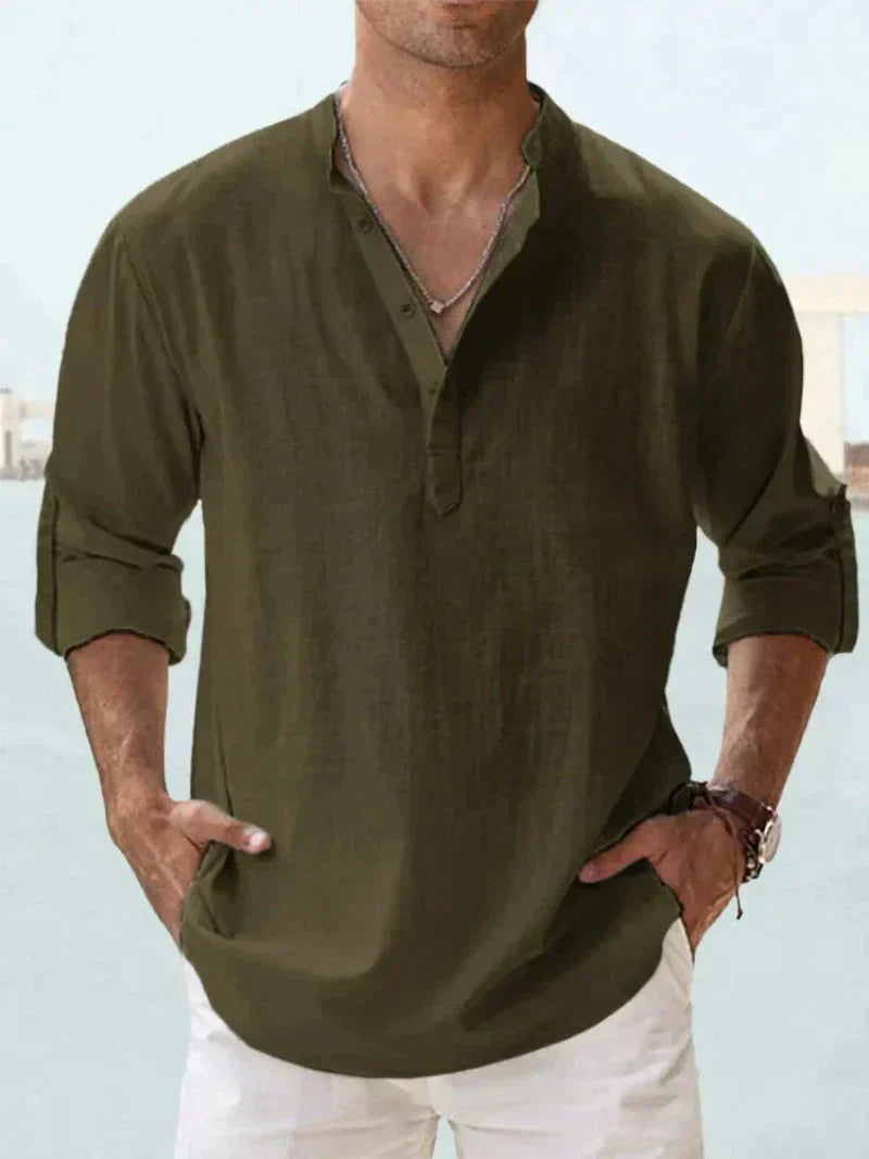 Linen Blend Long Sleeve Popover Shirt with Open Collar