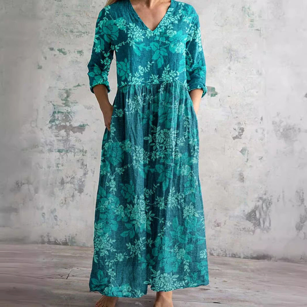 Botanical Floral Print V-Neck Maxi Dress with Pockets