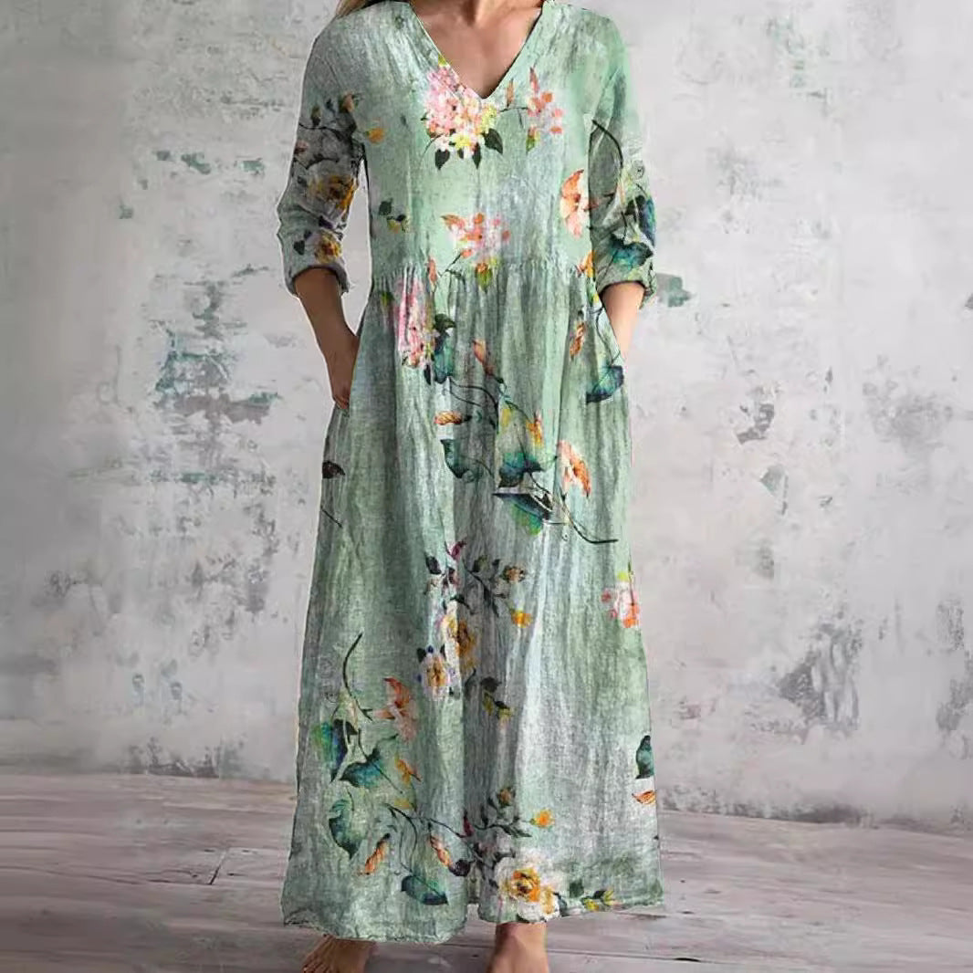 Robe longue à col en V avec imprimé floral botanique et poches