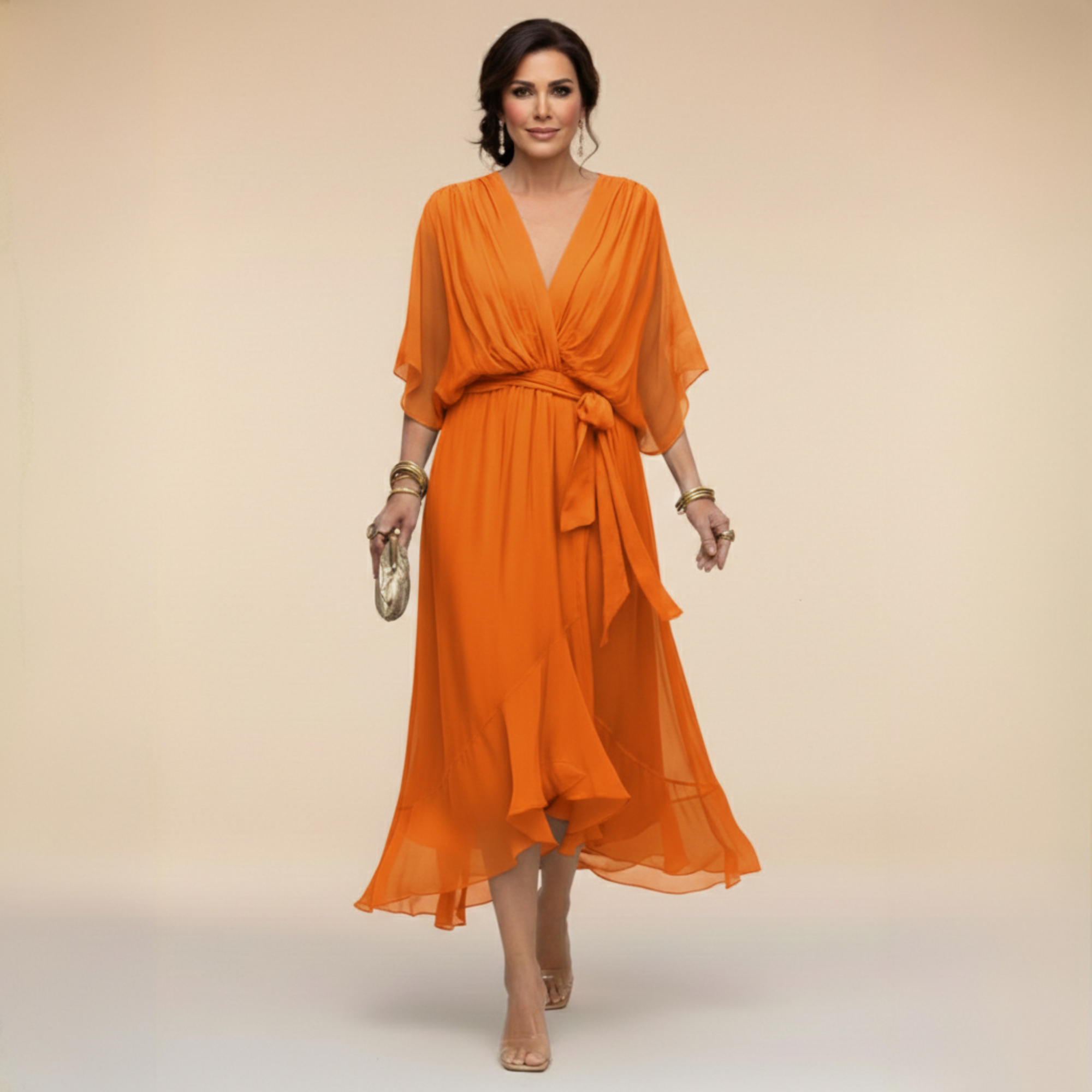 Robe midi portefeuille en mousseline à manches kimono