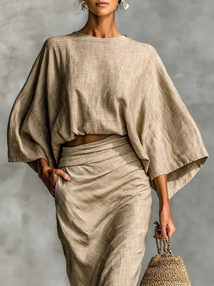 Batwing Sleeve Crop Top &amp; Wrap Maxi Skirt Set