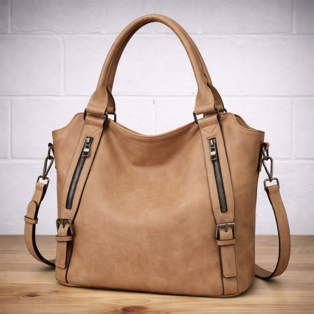 Slouchy Zip Detail Tote Bag with Buckle Straps