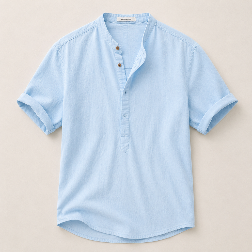 Short Sleeve Linen Henley Shirt with Band Collar