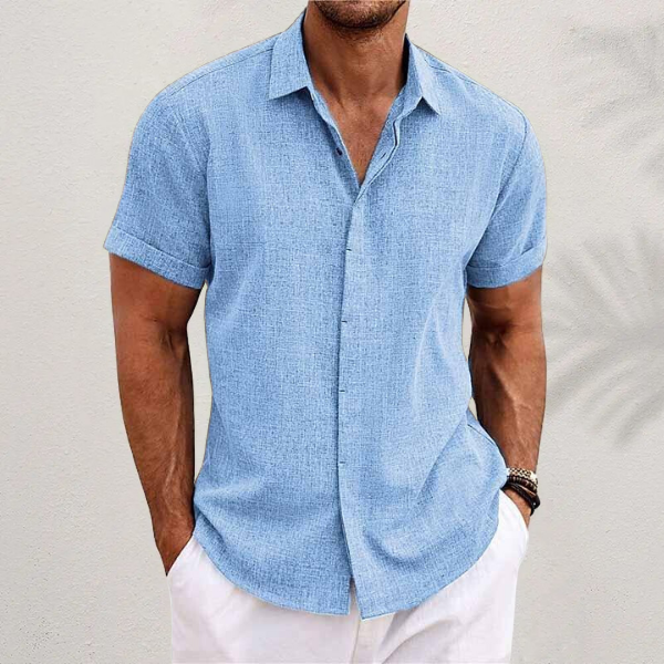 Linen Blend Short Sleeve Shirt with Point Collar