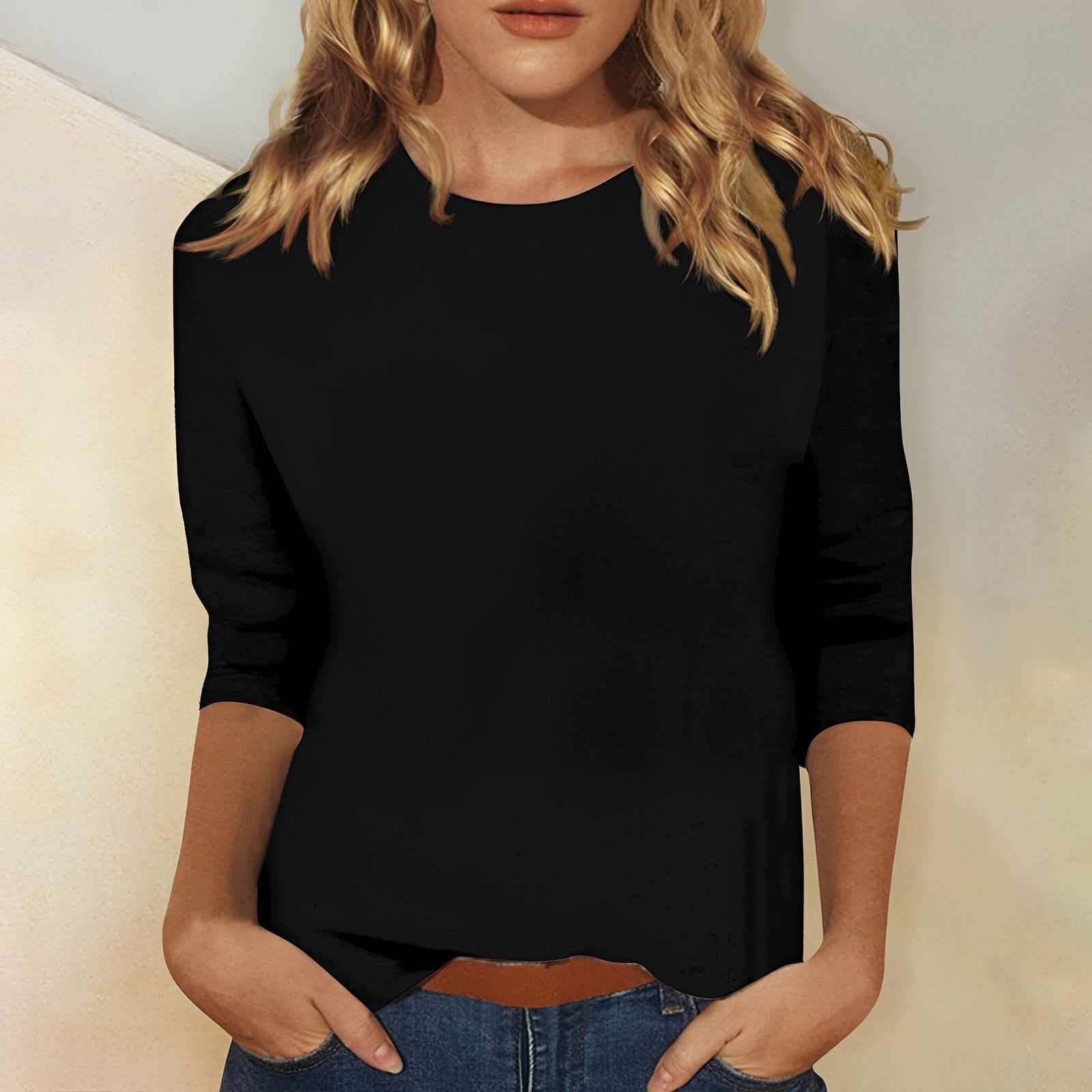 Round Neck Three-Quarter Sleeve Basic Top