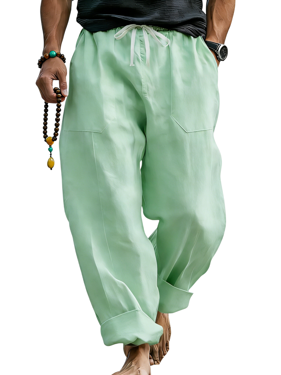 Loose Linen Blend Drawstring Trousers with Turn-Up Hem