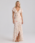 Floral Lace Trim Tie-Front Flutter Sleeve Maxi Dress
