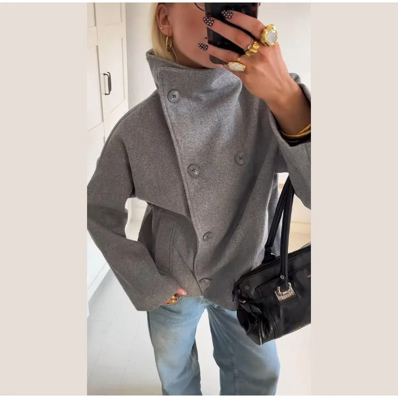 Women's Oversized Double-Breasted Coat with High Collar