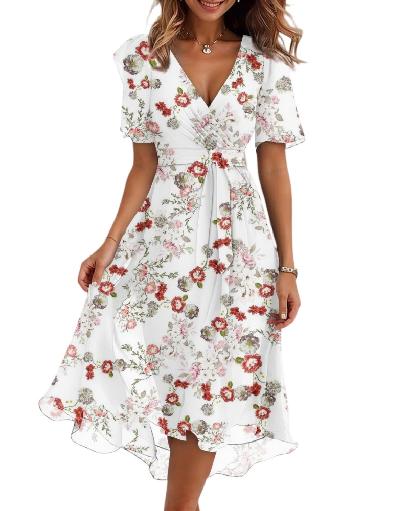 Floral Wrap Midi Dress with Flutter Sleeves