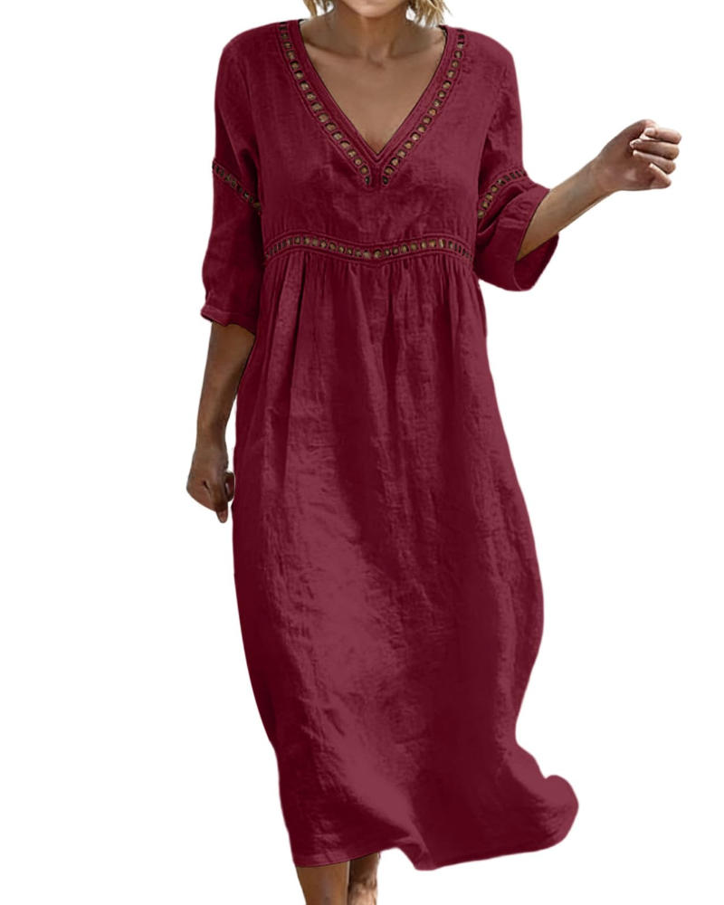 Linen Midi Dress with Hollow Out Trim and Flared Sleeves