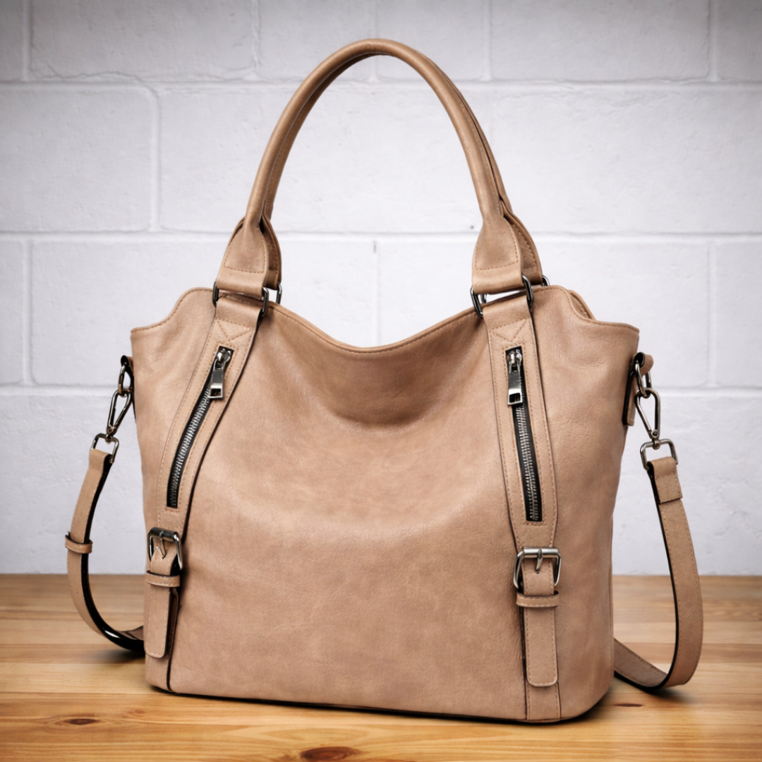 Slouchy Zip Detail Tote Bag with Buckle Straps