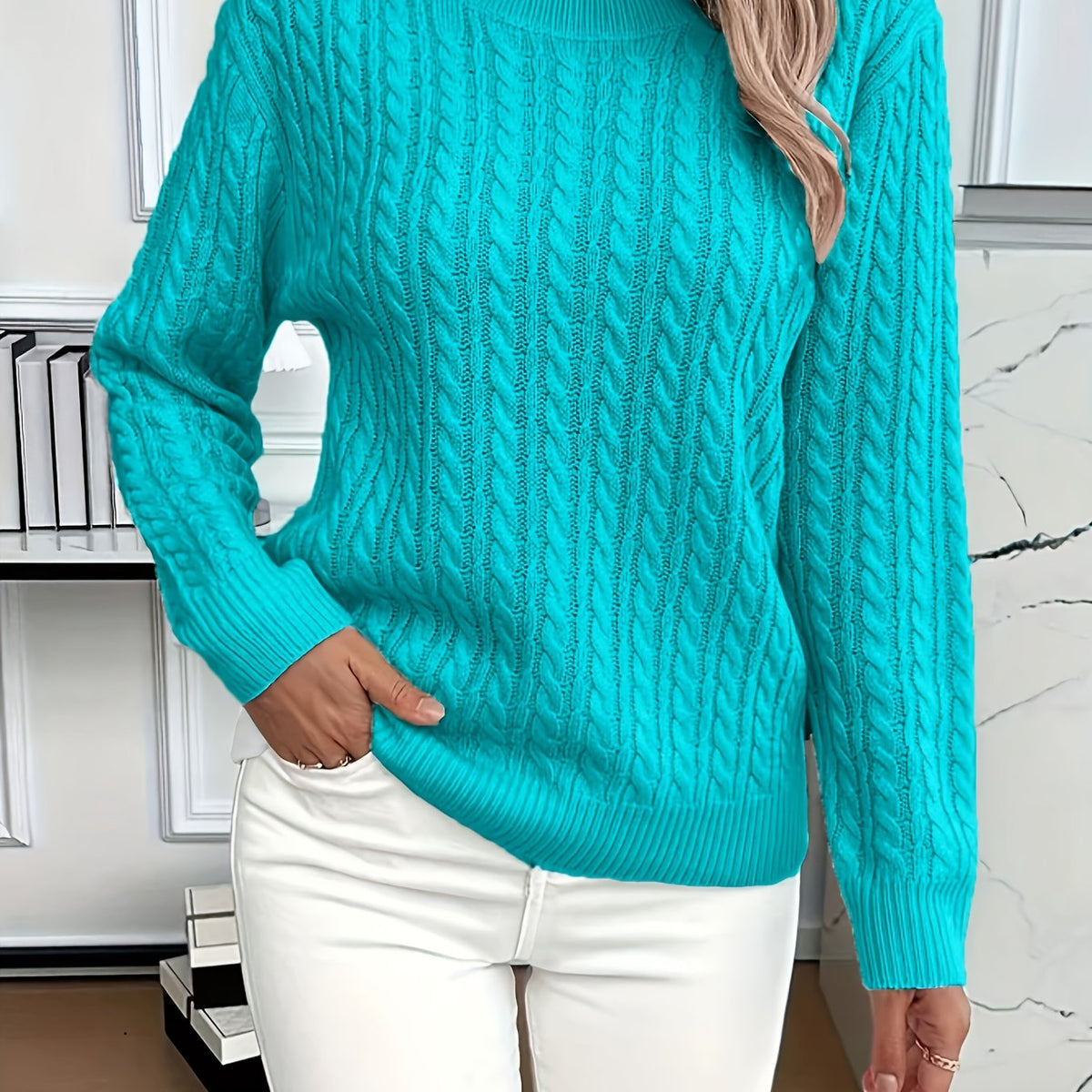 Women's Classic Cable Knit Mock Neck Jumper