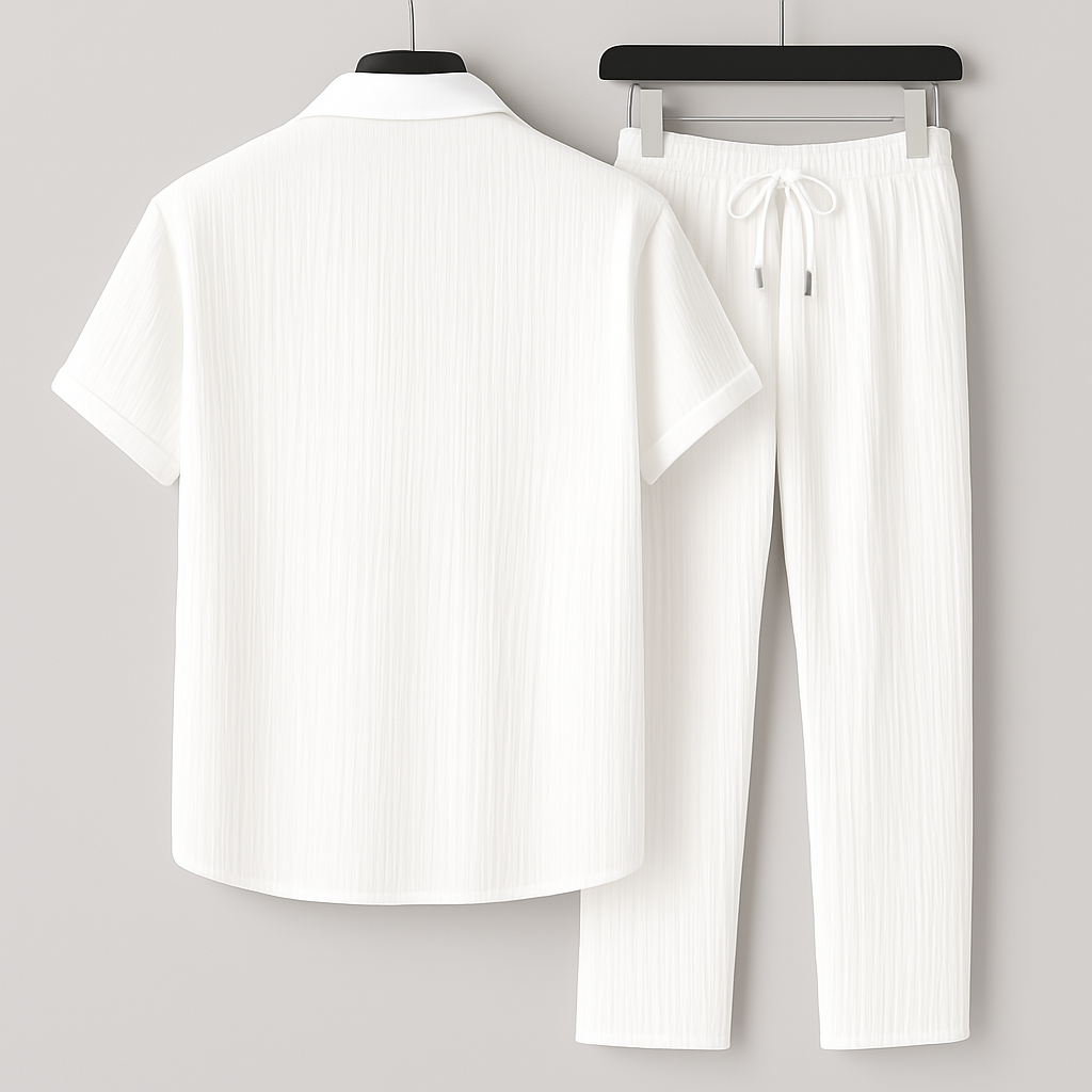 Ribbed Short Sleeve Shirt and Trousers Two Piece Set