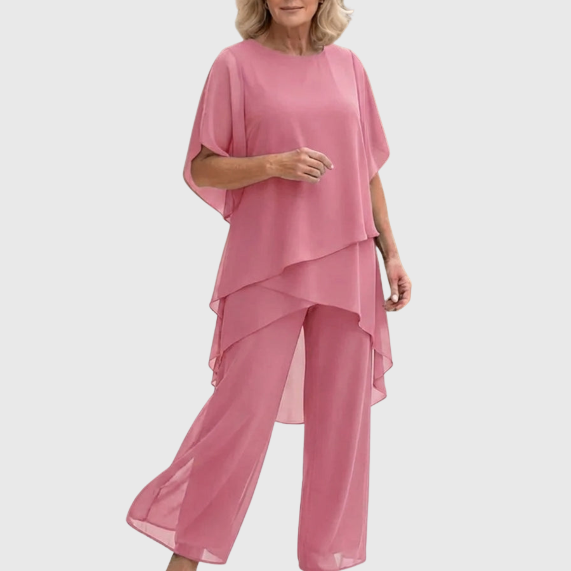 Ensemble haut à manches cape en mousseline étagée et pantalon