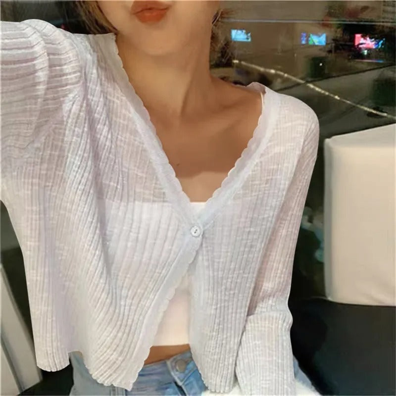 Ribbed Knit V-Neck Cropped Button Cardigan