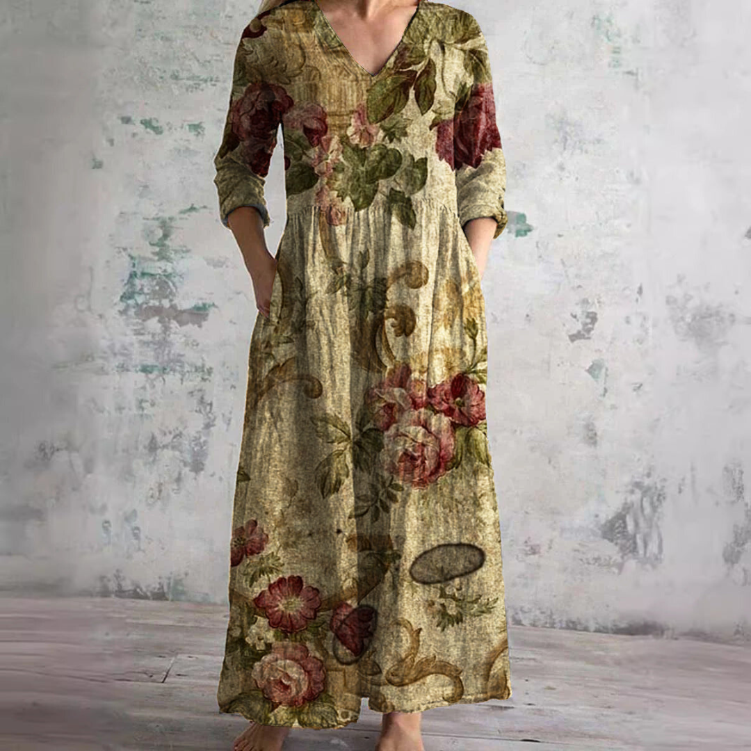 Botanical Floral Print V-Neck Maxi Dress with Pockets