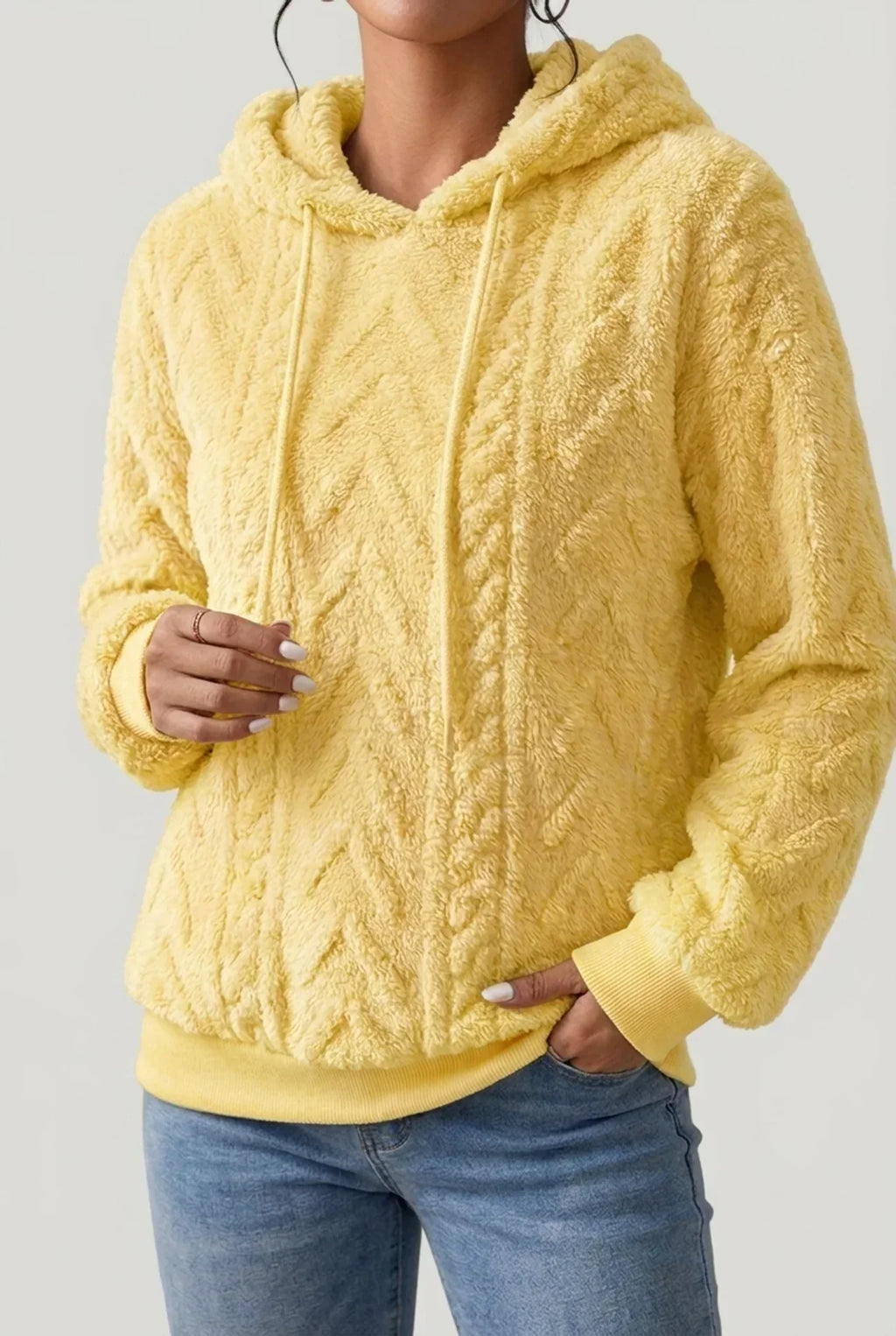 Women's textured hooded hoodie with drawstrings and ribbed cuffs