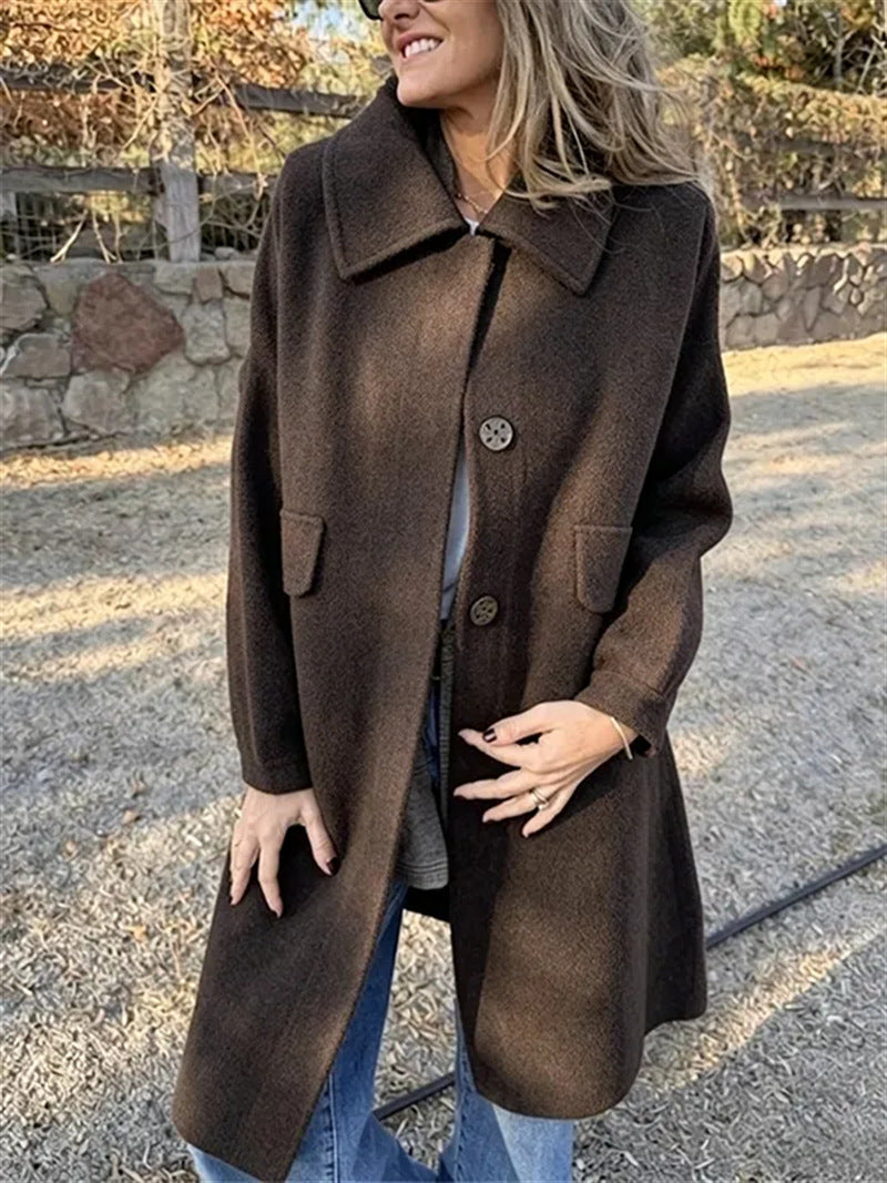 Women's Longline Coat with Flap Pockets and Point Collar