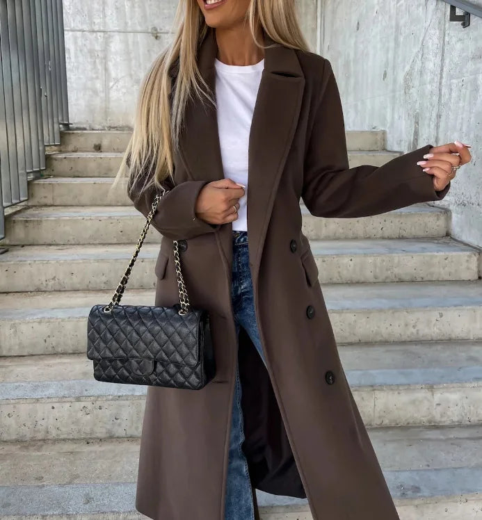 Women's Long Belted Coat with Notched Lapel