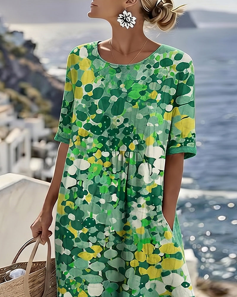 Abstract Floral Print Short Sleeve Midi Dress