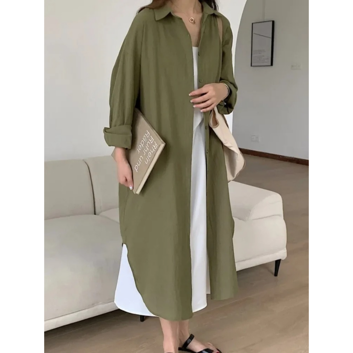 Women's Oversized Linen Button-Up Long Sleeve Shirt Dress