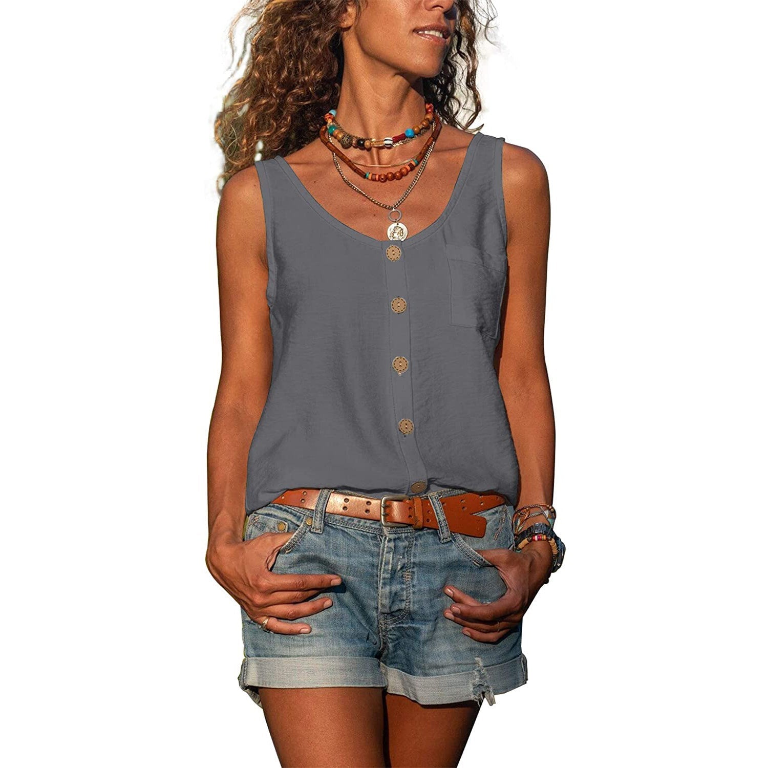 Button-Front Sleeveless Tank Top with Chest Pocket