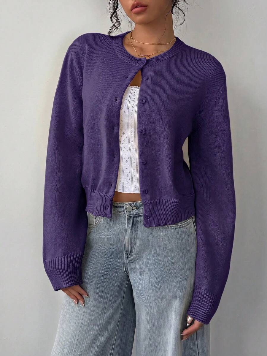 Women's Cropped Round Neck Button-Up Cardigan