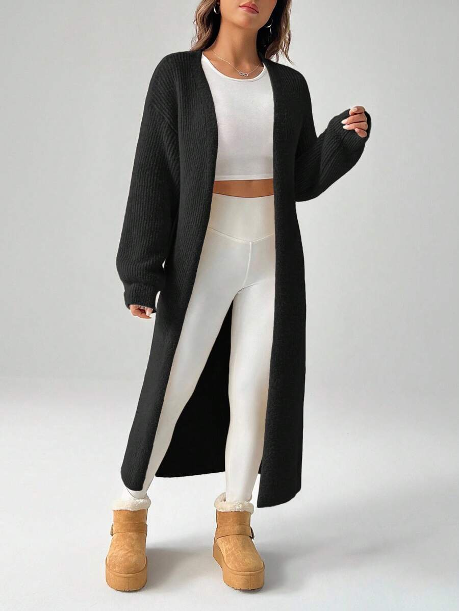 Women's Ribbed Knit Open Front Maxi Cardigan