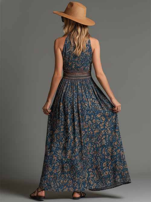 Robe longue dos nu avec imprimé bohème et fente sur la jambe