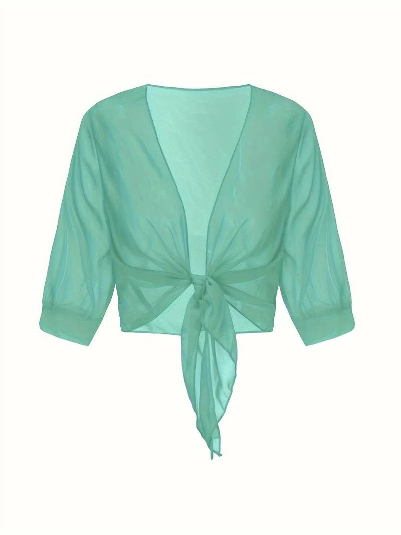 Sheer Tie-Front Cropped Chiffon Cardigan