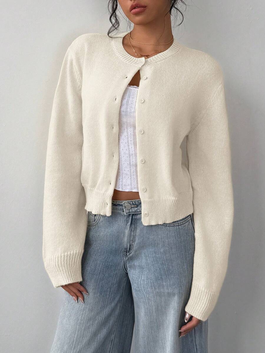 Women's Cropped Round Neck Button-Up Cardigan
