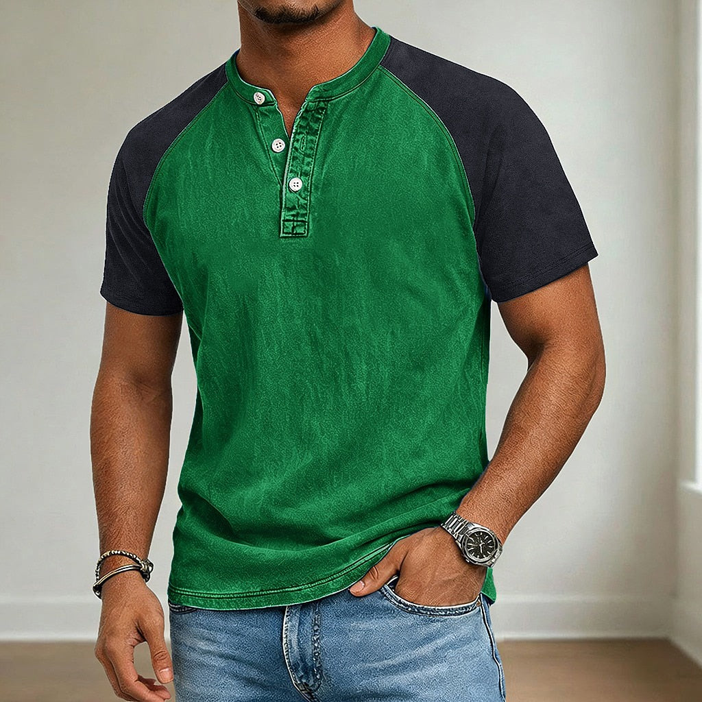 Colour Block Raglan Sleeve Henley T-Shirt