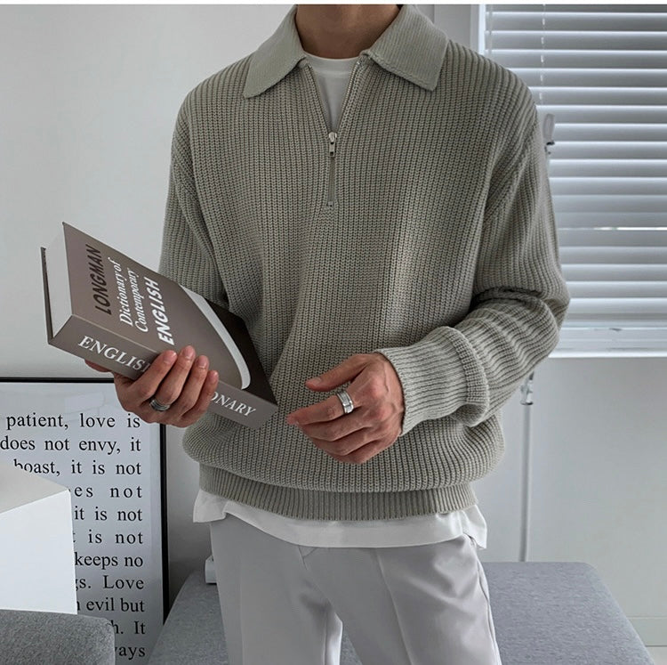 Men's ribbed polo sweater with fold-over collar and quarter-zip front
