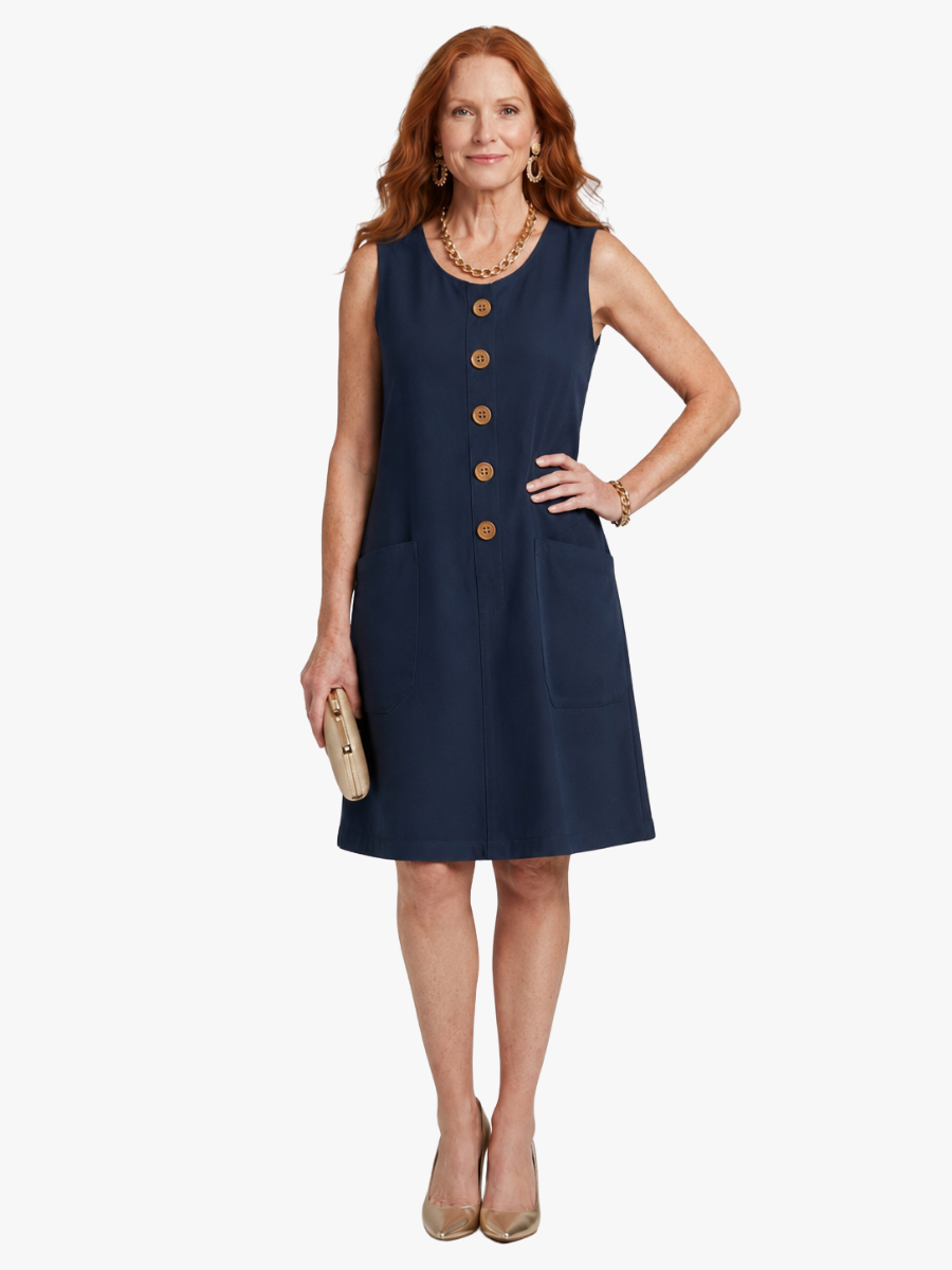 Button-Front Sleeveless A-Line Dress with Pockets