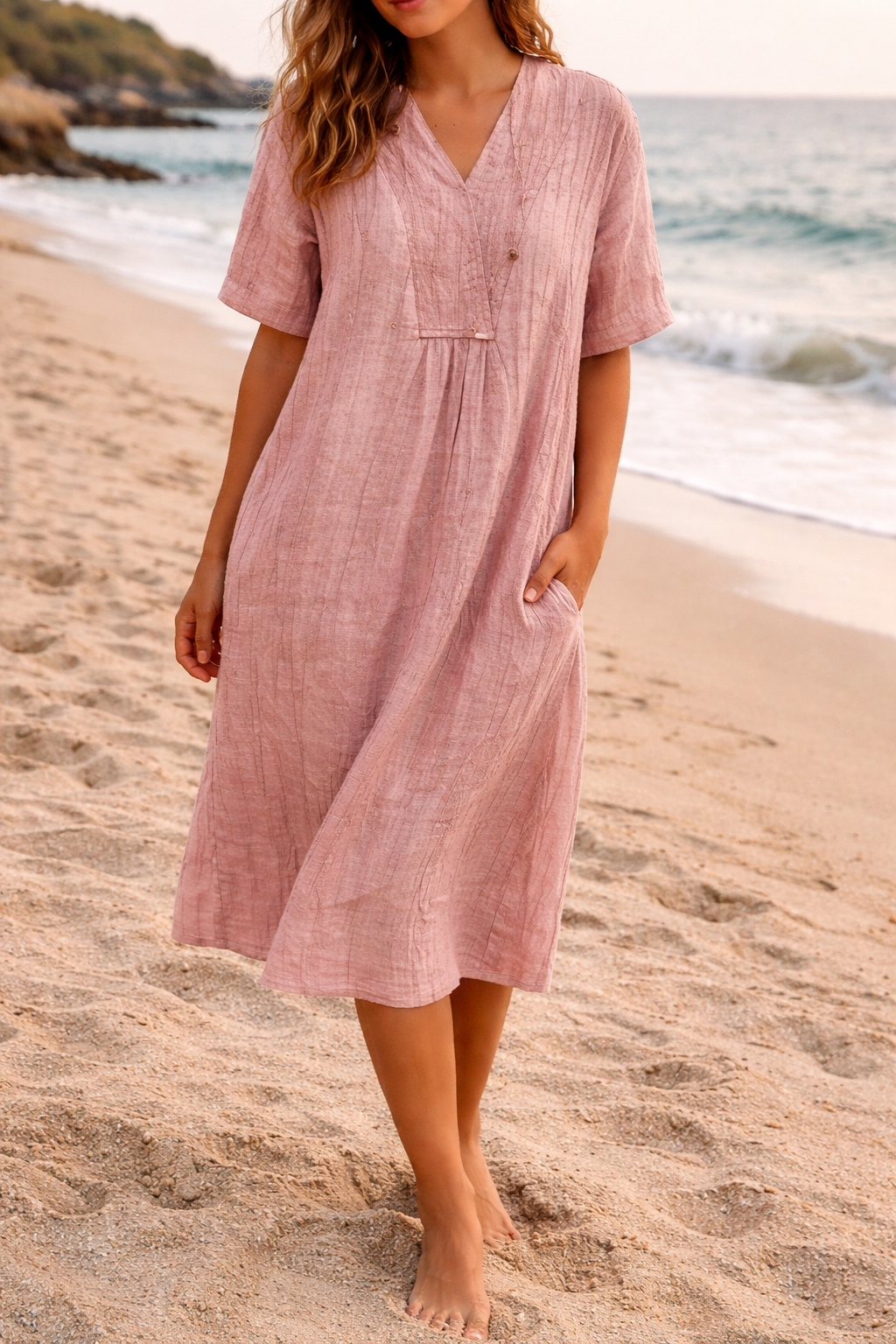 Linen V-Neck Relaxed Midi Shift Dress