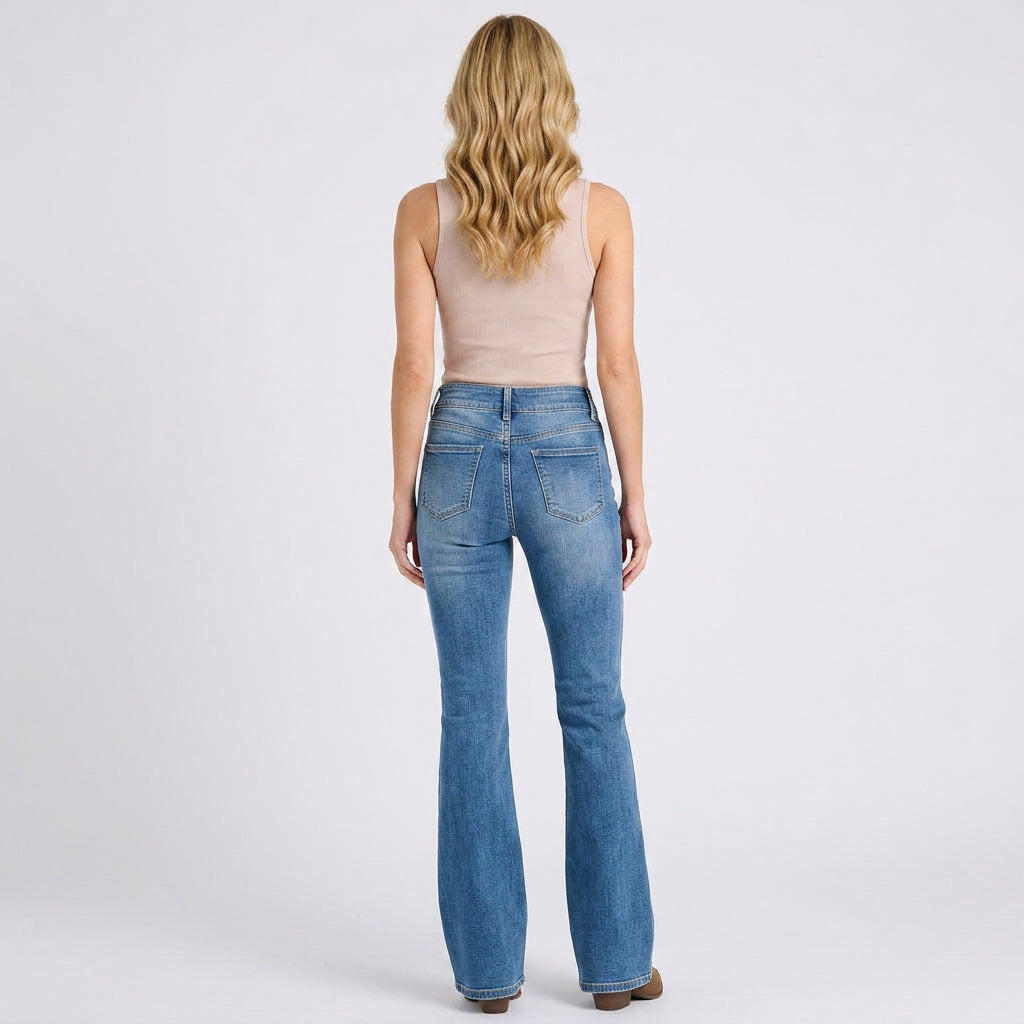 Women’s High Waisted Flare Jeans – Double Button Bootcut Denim Style
