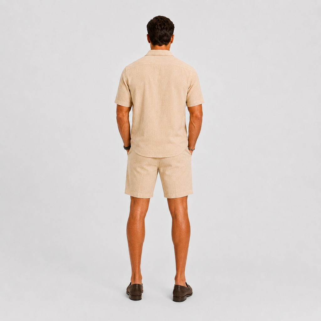 Textured Camp Collar Shirt and Shorts Two Piece Set