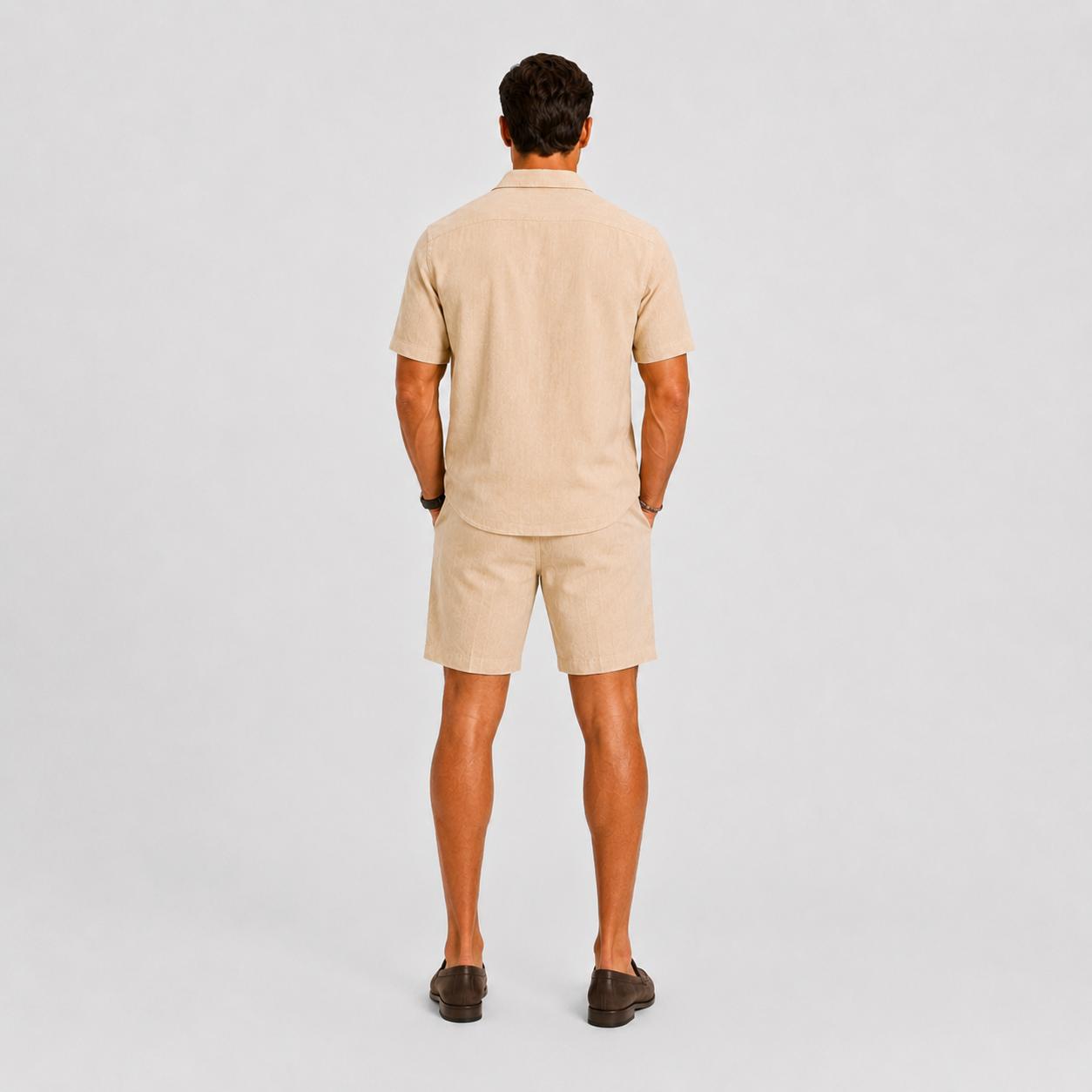 Textured Camp Collar Shirt and Shorts Two Piece Set