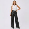 Women’s High Waisted Faux Leather Pants – Wide Leg Button Front