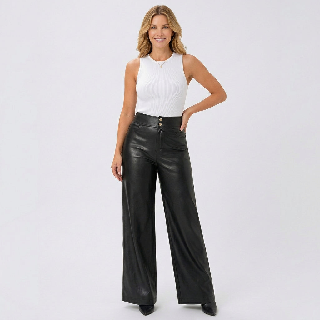 Women’s High Waisted Faux Leather Pants – Wide Leg Button Front