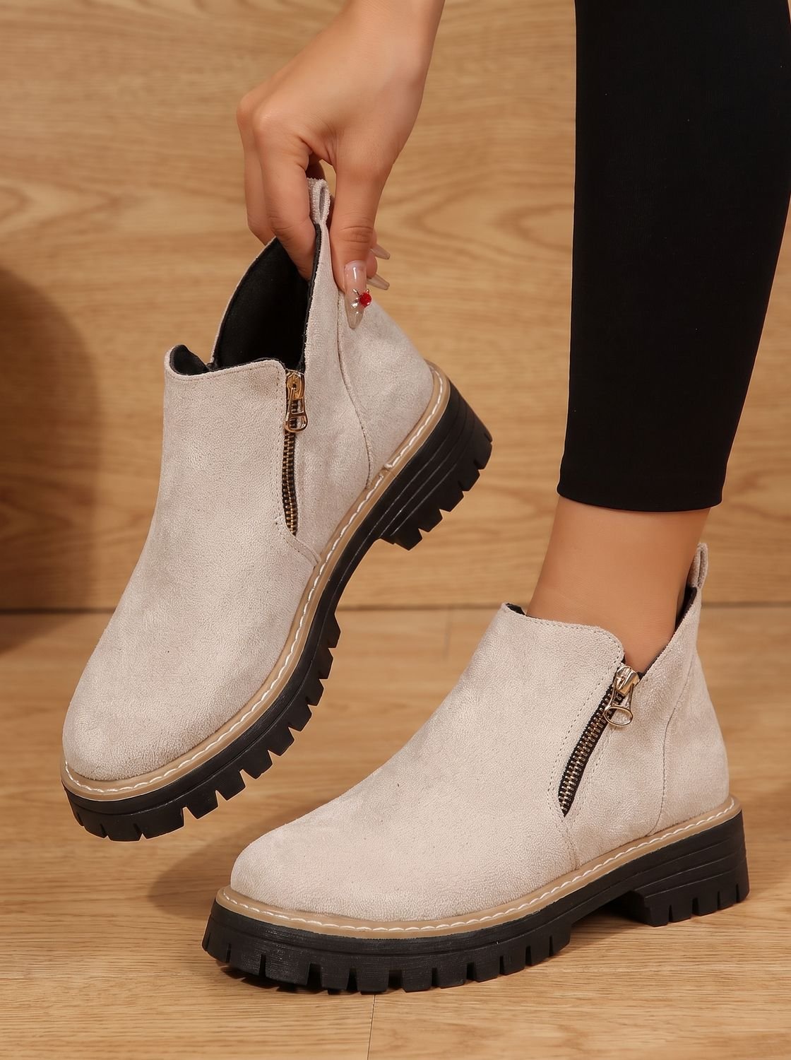 Women’s Suede-Look Side Zip Lug Sole Ankle Boots