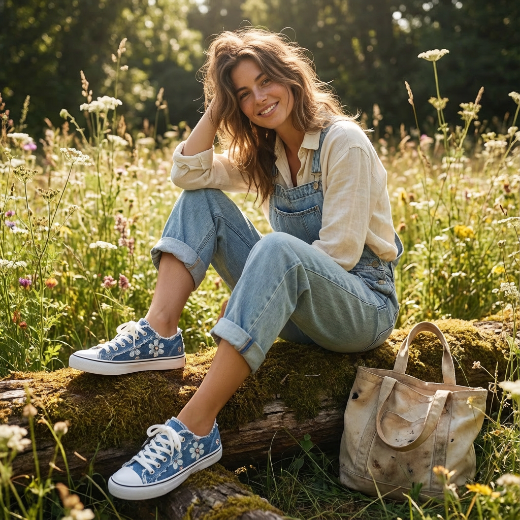 Women's Floral Print Distressed Denim Lace-Up Sneakers