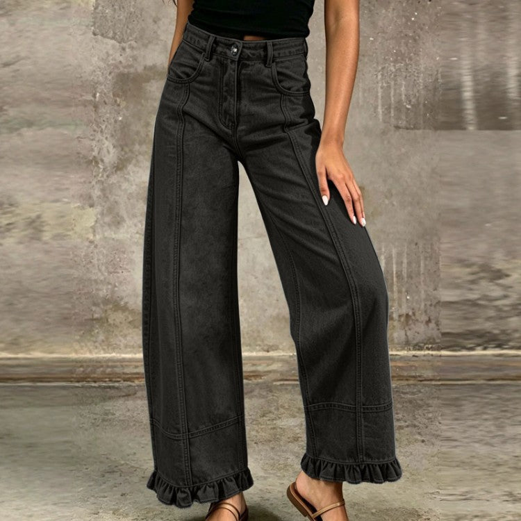 Women's Wide Leg Jeans with Ruffle Hem Detail