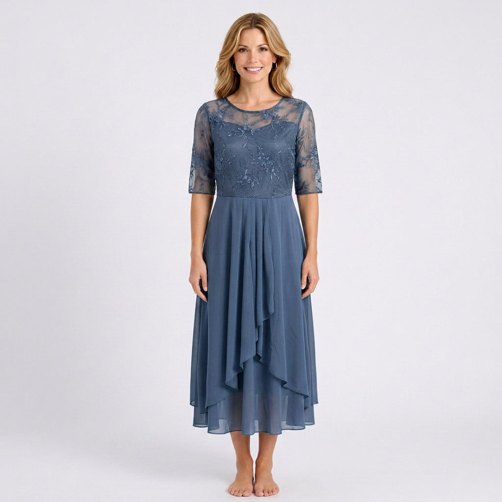 Lace Bodice Midi Dress – Sheer Sleeve Occasion Style