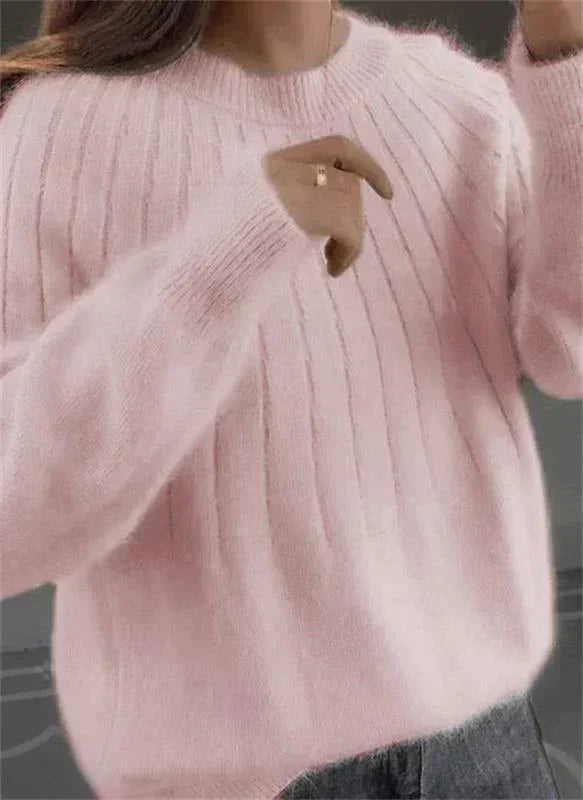 Women's Ribbed Fuzzy Knit Sweater with Round Neck