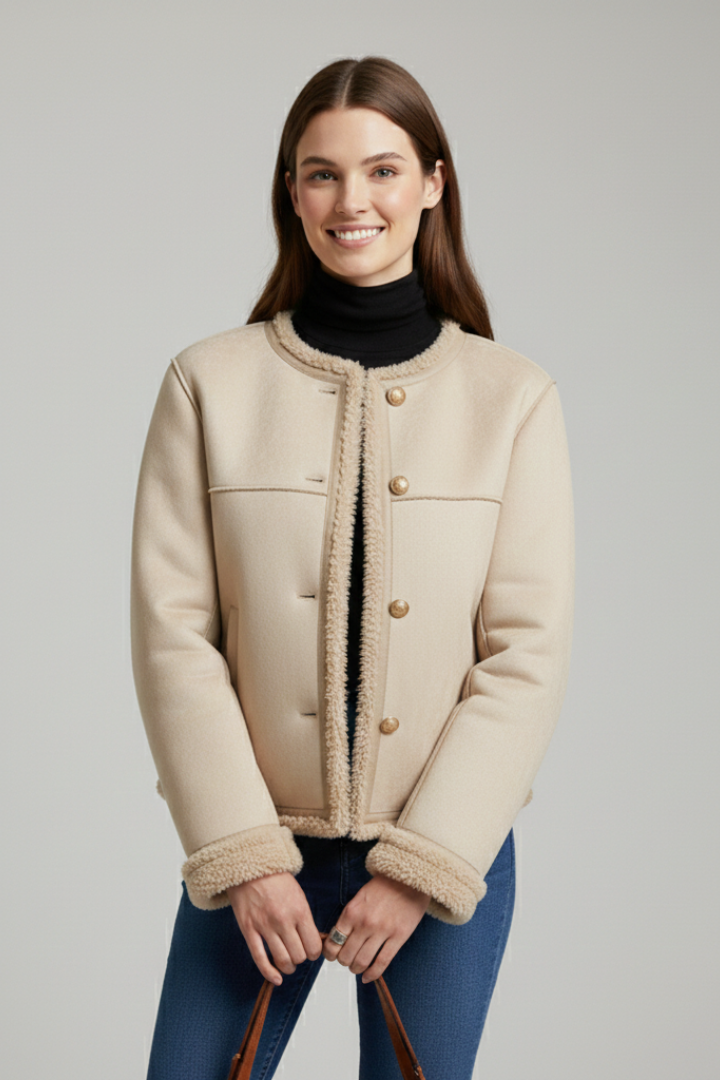 Women's Faux Shearling Trim Button-Up Suede Jacket