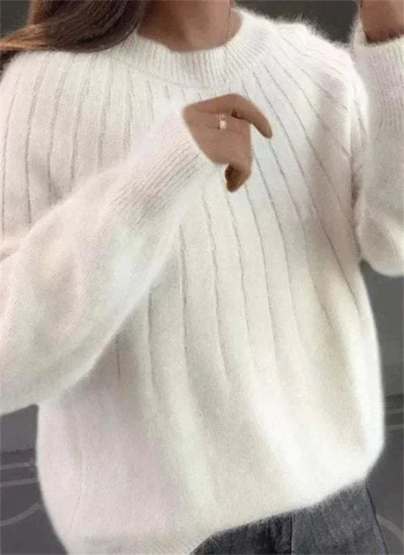 Women's Ribbed Fuzzy Knit Sweater with Round Neck