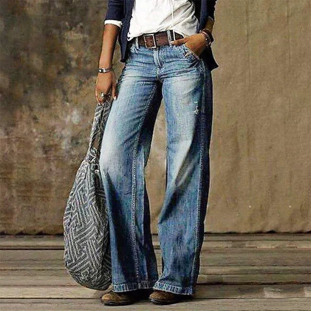 Women's Wide Leg Low-Rise Jeans with Faded Wash